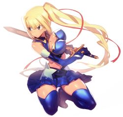 Rule 34 | 10s, 1girl, bad id, bad pixiv id, blonde hair, blue eyes, blue footwear, blue gloves, blue thighhighs, boots, breasts, elbow gloves, fighting stance, gloves, kanjy00u, kneeling, large breasts, limalisha, long hair, looking away, madan no ou to vanadis, midriff, navel, ready to draw, side ponytail, simple background, skirt, solo, sword, thigh boots, thighhighs, very long hair, weapon, white background
