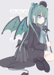 Rule 34 | 1girl, absurdres, black bow, black dress, black footwear, blue eyes, blush stickers, bow, closed mouth, demon tail, demon wings, dot nose, dress, green hair, grey background, highres, holding, holding wand, long hair, long sleeves, looking at viewer, looking back, maid headdress, pretty series, pripara, solo, tail, tsukikawa chili, twintails, uxu uxa axa, very long hair, wand, wings