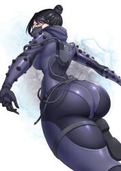 Rule 34 | 1girl, alternate color, an13579, animification, apex legends, ass, black bodysuit, black hair, blue eyes, blush, bodysuit, breasts, cable, electricity, from behind, from below, hair bun, highres, looking at viewer, looking back, mask, medium breasts, mouth mask, quarantine 722 wraith, single hair bun, skin tight, solo, white background, wraith (apex legends)