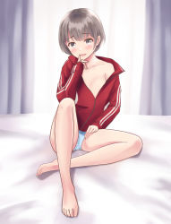 Rule 34 | 1girl, :d, bare shoulders, bed sheet, blue panties, blurry, blurry background, blush, brown hair, collarbone, commentary request, curtains, day, depth of field, feet, fingernails, grey eyes, hand up, head tilt, highres, index finger raised, indoors, jacket, knee up, legs, long sleeves, looking at viewer, no pants, off shoulder, open clothes, open jacket, open mouth, original, panties, red jacket, short hair, sitting, sleeves past wrists, smile, solo, sunlight, toenails, track jacket, underwear, window, yukimaru217