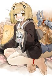 Rule 34 | 1girl, absurdres, alchemy stars, alcohol, ankle bell, barefoot, beer can, bell, blonde hair, blush, brown kimono, can, drink can, drunk, flat chest, full body, highres, japanese clothes, juban, kimono, looking at viewer, menthako, motion lines, short hair, smile, soles, solo, tail, tail bell, tail ornament, toes, vice (alchemy stars), yellow eyes