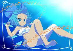 Rule 34 | 1girl, absurdres, air bubble, bad id, bad pixiv id, bare legs, bare shoulders, barefoot, bikini, blue bow, blue eyes, blue hair, border, bow, bubble, cirno, closed mouth, commentary request, feet, fish, floating hair, foot out of frame, frilled bikini, frills, full body, hair bow, highres, ice, ice wings, looking at viewer, shikabane homura, short hair, smile, soles, solo, sunlight, swimsuit, tan, toes, touhou, underwater, wings