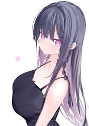 Rule 34 | 1girl, :o, ?, absurdres, bare shoulders, black dress, blush, braid, breasts, cleavage, commentary, dress, eyes visible through hair, from side, hair between eyes, hair over shoulder, highres, kurimochi chizuru, large breasts, long hair, looking at viewer, original, parted lips, purple eyes, purple hair, sidelocks, simple background, single braid, solo, spaghetti strap, speech bubble, symbol-only commentary, upper body, white background