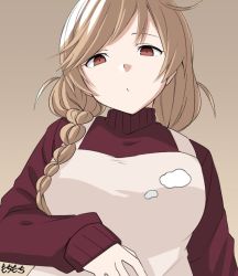Rule 34 | 1girl, alternate costume, artist name, beige apron, braid, brown background, brown sweater, cloud hair ornament, commentary request, gradient hair, hair over shoulder, kantai collection, light brown hair, long hair, looking at viewer, minegumo (kancolle), moti coi, multicolored hair, one-hour drawing challenge, red eyes, simple background, solo, sweater, twin braids, upper body