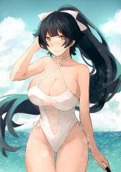 Rule 34 | 1girl, absurdres, ayaka (user vumz4832), azur lane, black hair, blue sky, bow, breasts, brown eyes, casual one-piece swimsuit, cleavage, clothing cutout, cloud, cowboy shot, criss-cross halter, day, halterneck, highres, horizon, large breasts, long hair, look-alike, looking at viewer, navel cutout, ocean, one-piece swimsuit, outdoors, ponytail, sky, solo, standing, swimsuit, takao (azur lane), takao (beach rhapsody) (azur lane), white bow, white one-piece swimsuit