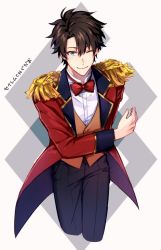 Rule 34 | 1boy, ;), alternate costume, black hair, blue eyes, bow, bowing, bowtie, coattails, cropped torso, epaulettes, fate/grand order, fate (series), fujimaru ritsuka (male), jacket, male focus, one eye closed, red bow, red bowtie, red jacket, smile, solo, waistcoat