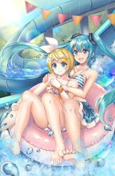Rule 34 | 2girls, aqua eyes, aqua hair, bikini, blonde hair, blurry, blurry background, bow, commentary, commission, day, english commentary, full body, hair bow, hair ornament, hairclip, hand on another&#039;s shoulder, hatsune miku, highres, holding person, innertube, kagamine rin, long hair, multiple girls, open mouth, orendi laran, outdoors, polka dot, polka dot bikini, short hair, smile, splashing, string of flags, striped bikini, striped clothes, summer, swept bangs, swim ring, swimsuit, twintails, very long hair, vocaloid, water, water drop, water slide, white bow