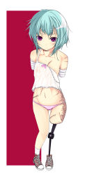 Rule 34 | 1girl, amputee, bandages, blue hair, blush, breasts, female focus, frown, full body, off shoulder, original, panties, prosthesis, purple eyes, scar, shirt, shoes, short hair, solo, striped clothes, striped panties, underwear, white background