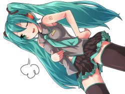 Rule 34 | 1girl, bad id, bad pixiv id, female focus, green eyes, green hair, hand on own hip, hatsune miku, hip focus, long hair, matching hair/eyes, mkcrf, necktie, one eye closed, open mouth, simple background, skirt, solo, thighhighs, twintails, very long hair, vocaloid, white background, wink