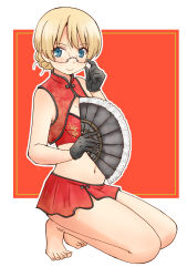 Rule 34 | 1girl, adjusting eyewear, barefoot, bespectacled, black gloves, blonde hair, blue eyes, braid, chinese clothes, cleavage cutout, closed mouth, clothing cutout, commentary, darjeeling (girls und panzer), folding fan, girls und panzer, glasses, gloves, hand fan, holding, holding fan, looking at viewer, microskirt, midriff, navel, outline, outside border, red background, red shirt, red skirt, semi-rimless eyewear, shirt, short hair, skirt, smile, solo, squatting, under-rim eyewear, uona telepin, white outline