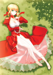Rule 34 | 10s, 1girl, ahoge, barefoot, blonde hair, breasts, dress, fate/extra, fate (series), feet, green eyes, karinzero, large breasts, nero claudius (fate), nero claudius (fate), nero claudius (fate/extra), red dress, see-through, solo