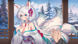 Rule 34 | 1girl, animal ear fluff, animal ears, breasts, bride, cleavage, clover theater, colored inner hair, forest, fox ears, fox girl, fox tail, green hair, highres, japanese clothes, katsuya (clover theater), kimono, kitsune, kyuubi, large breasts, long hair, looking at viewer, mole, mole on neck, mountain, multicolored hair, multiple tails, nairobi song, nature, pov, shiromuku, smile, snow, solo focus, tail, tree, uchikake, white hair, white kimono, white tail