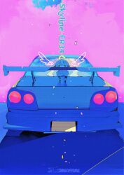 Rule 34 | 1girl, absurdres, blue theme, car, chibi, drawn wings, from behind, highres, license plate, limited palette, megaron, motor vehicle, nissan, nissan skyline, nissan skyline gt-r, nissan skyline r34, original, purple background, shadow, spoiler (automobile), tail lights, vehicle focus, vehicle name, watermark