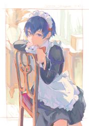 Rule 34 | 1girl, absurdres, alternate costume, apron, black dress, blue eyes, blue hair, bow, bowtie, chair, character name, dated, dress, enmaided, frilled apron, frills, gun, hair between eyes, handgun, highres, holding, holding gun, holding weapon, indoors, long sleeves, looking at viewer, maid, maid headdress, mossan351, persona, persona 4, plant, potted plant, red bow, shirogane naoto, sitting, solo, weapon, white apron
