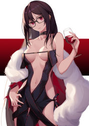 Rule 34 | 1girl, bare shoulders, black-framed eyewear, black dress, black hair, breasts, brown hair, center opening, choker, cleavage, closed mouth, collarbone, cowboy shot, cup, dress, drinking glass, earrings, fate/grand order, fate (series), feather boa, fur trim, glasses, holding, jewelry, large breasts, long hair, looking at viewer, multiple earrings, navel, no bra, off shoulder, red eyes, revealing clothes, ribbon-trimmed dress, sakanasoko, sidelocks, solo, stomach, strapless, strapless dress, very long hair, wine glass, yu mei-ren (fate)