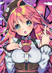 Rule 34 | 1girl, absurdres, ahoge, animal hat, bare shoulders, bell, beret, black hat, bodice, bow, bowtie, cat hat, chai mao, clothing cutout, collared shirt, flower, green eyes, hair flower, hair ornament, hairclip, hand on own chest, hat, highres, hololive, jingle bell, long hair, long sleeves, looking at viewer, middle finger, neck bell, open mouth, pink hair, red bow, red bowtie, sakura miko, sakura miko (casual), shirt, shoulder cutout, solo, suspenders, underbust, upper body, virtual youtuber, white shirt