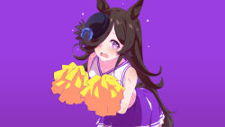 Rule 34 | 1girl, @ @, alternate costume, animal ears, blush, breasts, cheerleader, commentary request, hair ornament, hat, highres, horse ears, horse girl, horse tail, long hair, looking at viewer, pom pom (cheerleading), purple background, purple eyes, rice shower (umamusume), shijima (shizima 03), sleeveless, small breasts, solo, sweat, tail, umamusume