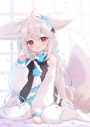 Rule 34 | 1girl, ahoge, animal ear fluff, animal ears, asymmetrical legwear, black footwear, blush, commentary request, commission, detached sleeves, dress, ears down, flower, fox ears, fox girl, fox tail, frilled dress, frilled thighhighs, frills, hand up, highres, light smile, long hair, long sleeves, looking at viewer, mikaze oto, mismatched legwear, original, puffy long sleeves, puffy sleeves, red eyes, sakurada shiro (hy plus), silver hair, skeb commission, sleeves past wrists, smile, solo, tail, thighhighs, very long hair, white background, white dress, white flower, white thighhighs