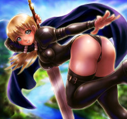 Rule 34 | 1girl, arm strap, arm up, armor, ass, belt, black thighhighs, blonde hair, blurry, blush, bodysuit, boken fantasy, braid, breasts, buckle, cape, claymore (series), claymore (sword), cloud, cynthia (claymore), day, depth of field, female focus, from side, glint, grey eyes, grin, hair between eyes, hair over shoulder, hair tubes, holding, holding weapon, impossible clothes, impossible leotard, leg up, leotard, lips, long hair, looking at viewer, looking back, low twintails, open mouth, over shoulder, pauldrons, shoulder armor, shoulder pads, sky, smile, solo, sword, thigh strap, thighhighs, thighs, twin braids, twintails, water, weapon, weapon over shoulder
