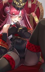 Rule 34 | 1girl, absurdres, black hat, black pantyhose, breasts, brown gloves, eyes visible through hair, gloves, hair bun, hat, highres, hololive, houshou marine, houshou marine (marching band), long hair, looking at viewer, medium breasts, multicolored hair, pantyhose, red eyes, red hair, ringopan, single hair bun, sitting, solo, two-tone hair, virtual youtuber, white hair, yellow eyes