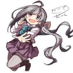 Rule 34 | 10s, 1girl, ahoge, artist name, blush, bow, bowtie, commentary request, darkside, dress, grey eyes, grey hair, kantai collection, kiyoshimo (kancolle), long hair, low twintails, open mouth, outstretched arm, pantyhose, shirt, sleeveless, sleeveless dress, solo, twintails, white background, white shirt