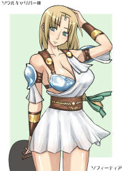 Rule 34 | 1girl, armor, armored dress, blonde hair, breasts, character name, cleavage, copyright name, enoshima iki, green eyes, large breasts, shield, solo, sophitia alexandra, soul calibur, soulcalibur iii, white background