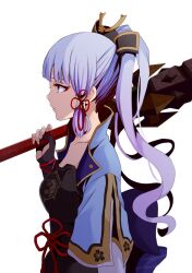Rule 34 | 1girl, aqua eyes, arm guards, armor, ayaka (genshin impact), blunt bangs, breastplate, club (weapon), collarbone, commentary request, debate club (genshin impact), genshin impact, hair ornament, hair ribbon, hair tubes, highres, holding, holding club, holding weapon, japanese clothes, long hair, ponytail, purple hair, ribbon, short sleeves, sidelocks, simple background, solo, tress ribbon, weapon, white background, yasehattagi