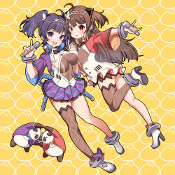 Rule 34 | 2girls, :d, ahoge, anklet, azur lane, blunt bangs, blush, bracelet, breasts, brown hair, brown legwear, butterfly hair ornament, center opening, cleavage, cropped jacket, frilled skirt, frills, full body, hair ornament, hairband, headphones, headphones around neck, high heels, highres, holding, holding hands, holding microphone, interlocked fingers, jacket, jewelry, large breasts, leg up, long hair, long sleeves, microphone, miniskirt, mojarin (kihara mojarin), multiple girls, ning hai (azur lane), ning hai (dragon sisters! -n) (azur lane), open clothes, open jacket, open mouth, panda, patterned background, ping hai (azur lane), ping hai (dragon sisters! -p) (azur lane), pleated skirt, purple eyes, purple hair, purple jacket, purple skirt, red eyes, red jacket, rope, round teeth, see-through, short hair, short twintails, single thighhigh, skirt, small breasts, smile, teeth, thighhighs, twintails, two side up, upper body, white footwear, white hairband, yellow background