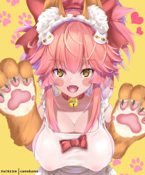 Rule 34 | 1girl, absurdres, animal ear fluff, animal ears, animal hands, apron, bell, blush, breasts, collar, fate/extra, fate/grand order, fate (series), fox ears, fox girl, fox tail, gloves, highres, kamehito, long hair, naked apron, neck bell, paw gloves, pink hair, tail, tamamo (fate), tamamo cat (fate), tamamo cat (third ascension) (fate), yellow eyes