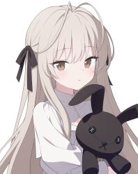 Rule 34 | 1girl, absurdres, antenna hair, black bow, bow, brown eyes, brown hair, commentary request, dress, hair bow, highres, hugging object, jyt, kasugano sora, long hair, looking at viewer, parted lips, simple background, solo, stuffed animal, stuffed rabbit, stuffed toy, upper body, white background, white dress, yosuga no sora