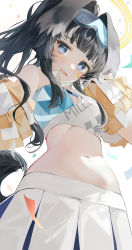 Rule 34 | 1girl, absurdres, animal ears, animal ears (norankkori), bare shoulders, black hair, blue archive, blue eyes, breasts, bright pupils, cheerleader, cleavage, collared shirt, crop top, dog ears, dog girl, dog tail, goggles, goggles on head, hibiki (blue archive), hibiki (cheer squad) (blue archive), highres, holding, long hair, looking at viewer, medium breasts, midriff, millennium cheerleader outfit (blue archive), navel, official alternate costume, open mouth, pleated skirt, pom pom (cheerleading), ponytail, shirt, skirt, sleeveless, sleeveless shirt, solo, stomach, tail, upper body, white shirt, white skirt