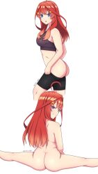 Rule 34 | 1girl, :o, ahoge, artist name, asobi night, ass, back, bike shorts, black shorts, black sports bra, blue eyes, breasts, butt crack, completely nude, flexible, go-toubun no hanayome, highres, huge ass, large breasts, long hair, looking at viewer, looking back, nakano itsuki, nude, open mouth, red hair, shorts, simple background, smile, sports bra, spread legs, white background, wide hips, wide spread legs