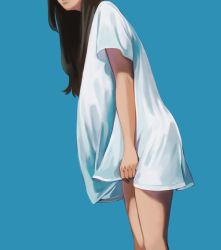 Rule 34 | 1boy, androgynous, black hair, blue background, clothes grab, dark-skinned male, dark skin, feet out of frame, from side, hair down, head out of frame, highres, jamil viper, long hair, male focus, no pants, rokuta600, shirt, simple background, solo, standing, straight hair, t-shirt, twisted wonderland, white shirt