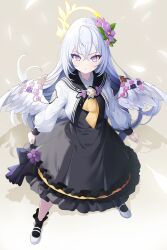 Rule 34 | 1girl, angel wings, azusa (blue archive), black dress, black socks, blue archive, blush, closed mouth, commentary request, dress, feathered wings, flower, full body, grey background, hair flower, hair ornament, halo, highres, jacket, koflif, long hair, long sleeves, looking at viewer, open clothes, open jacket, pink eyes, pink flower, purple flower, revision, shoes, socks, solo, standing, white footwear, white hair, white jacket, white wings, wings, yellow halo