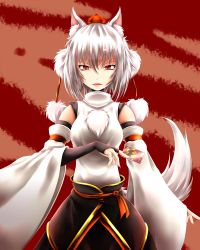 Rule 34 | 1girl, animal ears, card, detached sleeves, fangs, female focus, fingerless gloves, gloves, hat, highres, inubashiri momiji, inyuppo, open mouth, pom pom (clothes), red eyes, slit pupils, solo, tail, tokin hat, touhou, white hair, wolf ears, wolf tail