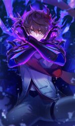 Rule 34 | 1boy, brown hair, claw (weapon), genshin impact, grey pants, hair between eyes, jacket, looking at viewer, maka (mksrw), male focus, mask, mask on head, pants, purple eyes, red mask, red scarf, scarf, signature, solo, tartaglia (genshin impact), twitter username, weapon, x arms