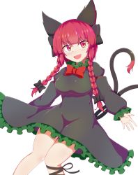Rule 34 | 1girl, :d, animal ears, black bow, black dress, black ribbon, bow, bowtie, braid, breasts, cat ears, cat tail, commentary request, dress, fang, hair bow, highres, juliet sleeves, kaenbyou rin, large breasts, leg ribbon, long hair, long sleeves, looking at viewer, multiple tails, nekomata, open mouth, puffy sleeves, red bow, red bowtie, red eyes, red hair, ribbon, seo haruto, simple background, slit pupils, smile, solo, tail, touhou, twin braids, two tails, white background