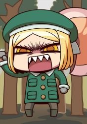 Rule 34 | 1girl, angry, april fools, axe, blonde hair, chibi, fate/grand order, fate (series), green hat, green jacket, hat, holding, holding axe, jacket, long sleeves, official art, open mouth, pantyhose, paul bunyan (fate), riyo (lyomsnpmp), sharp teeth, short hair, solo, teeth, tree, weapon, yellow eyes