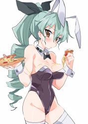 Rule 34 | 10s, 1girl, alternate hairstyle, anchovy (girls und panzer), animal ears, black bow, blush, bow, breasts, brown eyes, cheese, cleavage, closed mouth, collarbone, cowboy shot, detached collar, drill hair, expressionless, eyebrows, fake animal ears, food, food on body, food on breasts, girls und panzer, green hair, groin, hair between eyes, hair bow, hairband, hibimegane, holding, holding food, leotard, looking at viewer, medium breasts, pizza, playboy bunny, ponytail, rabbit ears, simple background, solo, standing, strapless, strapless leotard, sweatdrop, thighhighs, tsurime, white background, white thighhighs, wrist cuffs