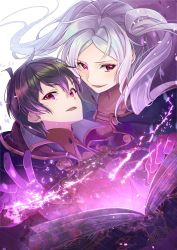 Rule 34 | 1boy, 1girl, black hair, book, corruption, dark persona, fire emblem, fire emblem awakening, fire emblem heroes, grima (fire emblem), high collar, highres, holding, holding book, hood, hood down, ichino tomizuki, jacket, morgan (fire emblem), morgan (male) (fire emblem), mother and son, nintendo, open book, open mouth, possessed, possession, purple eyes, robin (female) (fire emblem), robin (fire emblem), short hair, simple background, twintails, white background, white hair