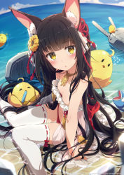 Rule 34 | 1girl, animal ear fluff, animal ears, azur lane, bare shoulders, black hair, blue sky, blunt bangs, blurry, blurry background, blurry foreground, blush, breasts, choker, cropped, day, depth of field, fisheye, flower, flying sweatdrops, hair flower, hair ornament, hair ribbon, highres, manjuu (azur lane), nagato (azur lane), nagato (great fox&#039;s respite) (azur lane), navel, non-web source, ocean, official alternate costume, ogipote, outdoors, panties, parted lips, red panties, ribbon, ribbon-trimmed legwear, ribbon trim, sitting, sky, small breasts, solo, sunflower, thighhighs, underwear, wariza, water, white thighhighs, yellow eyes