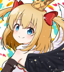 Rule 34 | 1girl, asymmetrical wings, bare shoulders, black wings, blonde hair, blue eyes, blush, bow, breasts, closed mouth, commentary request, crown, dress, feathered wings, hair between eyes, hair bow, highres, looking at viewer, looking to the side, marl (shironeko project), medium breasts, mini crown, mismatched wings, mitya, red bow, shironeko project, smile, solo, star (symbol), two side up, upper body, white dress, white wings, wings