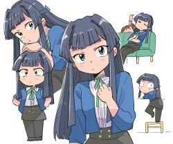 Rule 34 | 2girls, arm up, black footwear, black skirt, black thighhighs, blue bow, blue eyes, blue hair, blue jacket, blunt bangs, blush, bow, bracelet, brown hair, chibi, closed eyes, closed mouth, couch, crossed arms, curled fingers, double-parted bangs, expressions, furrowed brow, green ribbon, hair bow, hair intakes, half updo, hand up, hands on own cheeks, hands on own face, hands on own hips, head rest, head tilt, highres, idolmaster, idolmaster million live!, jacket, jewelry, kasuga mirai, long hair, looking at viewer, looking back, mogami shizuka, multiple girls, neck ribbon, on couch, on stool, pink shirt, pout, reclining, red bow, ribbon, shirt, side ponytail, sidelocks, simple background, skirt, sleeping, standing, standing on one leg, stool, thighhighs, tsubobot, variations, white background, white shirt