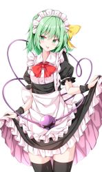 Rule 34 | 1girl, alternate costume, apron, black dress, black thighhighs, black wristband, blush, breasts, buttons, collared dress, commentary request, cowboy shot, dress, enmaided, eyeball, feet out of frame, frilled apron, frilled dress, frilled sleeves, frills, green eyes, green hair, hair ribbon, headband, headdress, heart, heart of string, komeiji koishi, lifted by self, maid, maid apron, maid headdress, medium breasts, neck ribbon, puffy short sleeves, puffy sleeves, red ribbon, ribbon, sabana, short hair, short sleeves, simple background, solo, standing, thighhighs, thighs, third eye, tongue, tongue out, touhou, waist apron, white apron, white background, wing collar, wrist cuffs, yellow ribbon