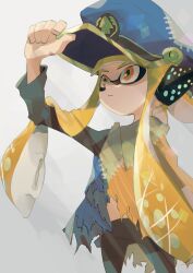 Rule 34 | 1girl, agent 3 (splatoon), blonde hair, blue hat, closed mouth, cowboy shot, frown, hand on headwear, hat, headgear, highres, inkling, inkling girl, inkling player character, koike3582, long hair, long sleeves, nintendo, orange eyes, patchwork clothes, peaked cap, poncho, solo, splatoon (series), splatoon 3, suction cups, tentacle hair, torn clothes, very long hair