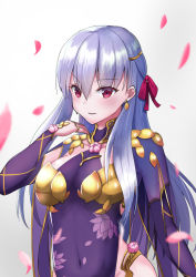 Rule 34 | 1girl, armor, artist request, bikini armor, blush, bracelet, breasts, circlet, collar, covered navel, detached sleeves, dress, earrings, fate/grand order, fate (series), floral print, gradient background, grey background, hair ribbon, jewelry, kama (fate), kama (second ascension) (fate), large breasts, long hair, looking at viewer, metal collar, pelvic curtain, petals, pink ribbon, purple dress, purple sleeves, red eyes, ribbon, ring, silver hair, smile, solo