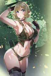 Rule 34 | 1girl, armpits, black choker, black gloves, blush, bow (bhp), breasts, choker, cleavage, closed mouth, cowboy shot, elf, forest, gloves, green eyes, green panties, green vest, hand up, large breasts, looking at viewer, nature, navel, no bra, original, panties, pointy ears, solo, standing, stomach, thighhighs, toned, underwear, vest, white thighhighs