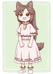 Rule 34 | 1girl, :d, aged down, animal ears, blush, brown hair, carrot, carrot necklace, commentary, cosplay, full body, green background, imaizumi kagerou, inaba tewi, inaba tewi (cosplay), jewelry, long hair, long skirt, looking at viewer, necklace, no nose, open mouth, pink shirt, pink skirt, poronegi, puffy short sleeves, puffy sleeves, red eyes, shirt, shoes, short sleeves, simple background, skirt, smile, solo, standing, tail, touhou, white footwear, wolf ears, wolf tail