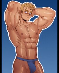 Rule 34 | 1boy, abs, arms behind head, bara, beard stubble, biceps, blonde hair, blue eyes, blue male underwear, blush, borrowed character, bsun30425111, bulge, cowboy shot, facial hair, highres, jockstrap, large pectorals, leius (mondo), looking at viewer, male focus, male underwear, muscular, muscular male, navel, nipples, original, pectorals, scar, scar on face, scar on nose, short hair, sideburns stubble, solo, sparse chest hair, standing, stubble, thick eyebrows, topless male, underwear