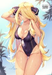 Rule 34 | 1girl, adjusting hair, arms up, bare shoulders, black one-piece swimsuit, blonde hair, blue sky, blurry, blurry background, breasts, cameltoe, cleavage, cleft of venus, collared shirt, creatures (company), cynthia (pokemon), feet out of frame, food, game freak, gem, gluteal fold, hair ornament, hair over one eye, highres, large breasts, liremi, long hair, messy hair, midriff, navel, nintendo, one-piece swimsuit, patreon username, pearl (gemstone), pokemon, pokemon dppt, popsicle, see-through, shiny skin, shirt, sidelocks, signature, skin tight, sky, solo, swimsuit, tan, tanline, tree, very long hair, wet, yellow eyes